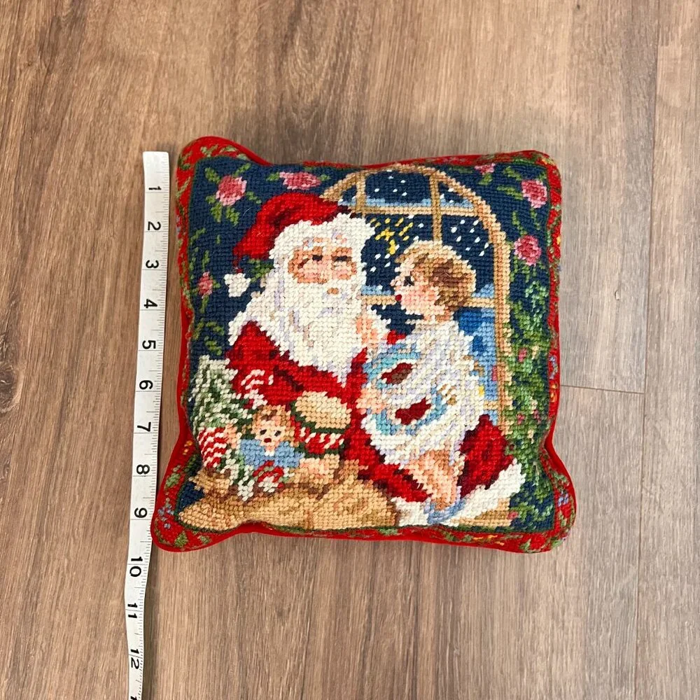 Vintage Needlepoint Christmas Throw Pillow Velvet Santa Holiday Decor